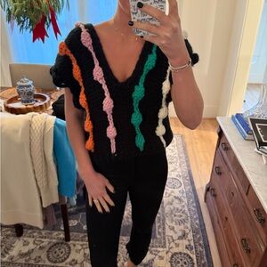 Anthropologie Black V-Neck Sweater with Multicolor Accents